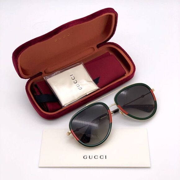 BRAND NEW GUCCI Unisex GG0062S 003 Gold Gold Green Sunglasses - Picture 12 of 15